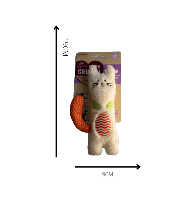 Rosewood Little Nippers Kitty Crunch size to scale with white cat toy