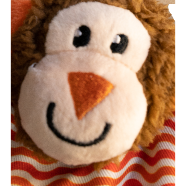 Little Nippers Cheeky Chimp Dog Toy close up of face with black and orange accents