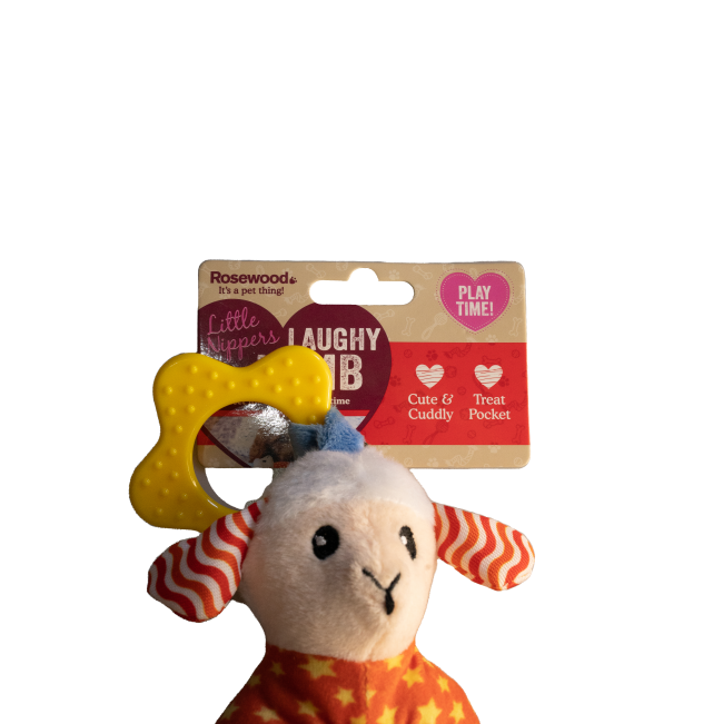 Rosewood Little Nippers Laughy Lamb close up of face with yellow rubber teething chew