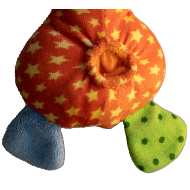 Rosewood Little Nippers Laughy Lamb close up of orange belly with yellow stars, and blue and green polka dot feet