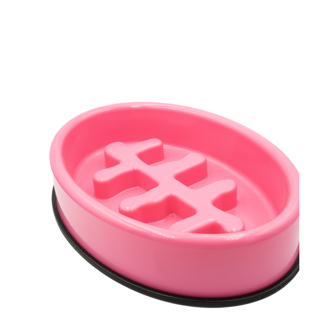 Anti-Scoff Pet Bowl - Fishbone pink close up displaying the fishbone ridges