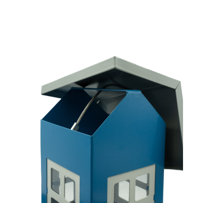 House Feeder For Birds - Blue with metal lid ajar