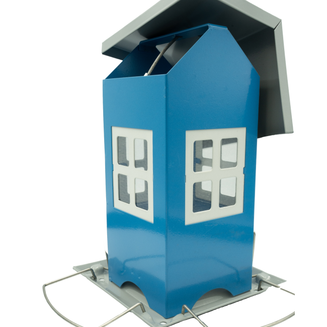 House Feeder For Birds - Blue with lid open and metal stands out