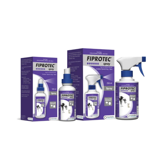 Fiprotec Tick & Flea Spray Treatment for Dogs group shot purple packaging