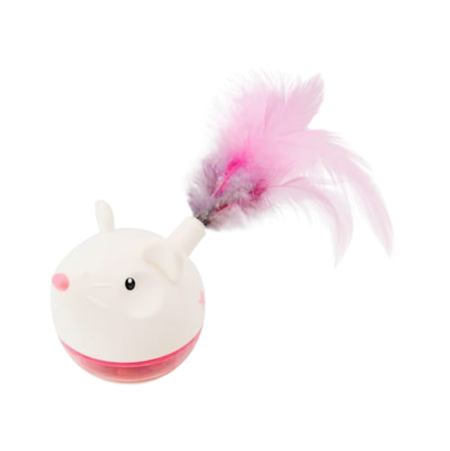 Hunt ‘n Swat Treat Tumbler Cat Toy out of packaging pink and white with pink feathers