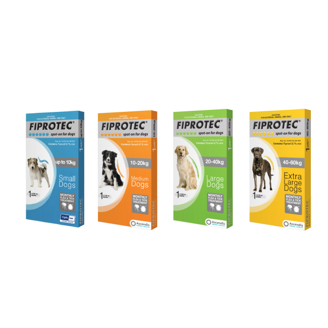 Fiprotec Spot On Tick & Flea Treatment for Dogs group shot blue, orange, green and yellow
