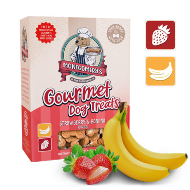 Montgomery’s Strawberry And Banana Dog Biscuits in carton packaging