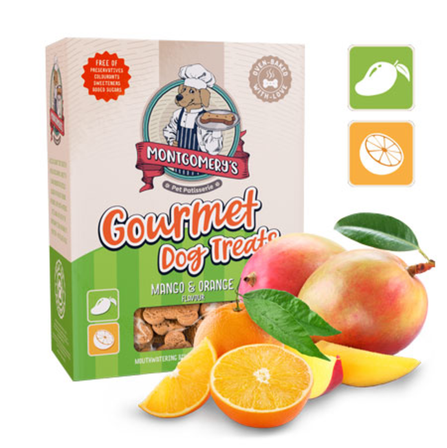 Montgomery’s Mango And Orange Dog Biscuits in carton packaging