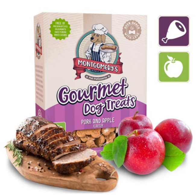 Montgomery’s Pork And Apple Dog Biscuits in carton packaging