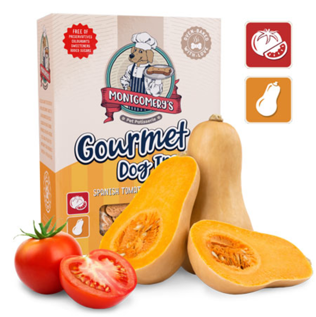 Montgomery’s Spanish Tomato And Butternut Dog Biscuits in carton packaging