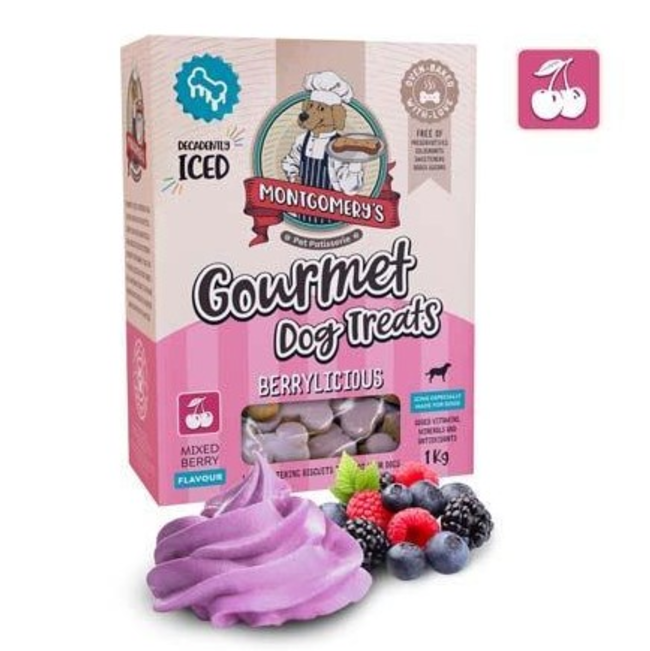 Montgomery’s Berrylicious Iced Dog Biscuits in carton packaging