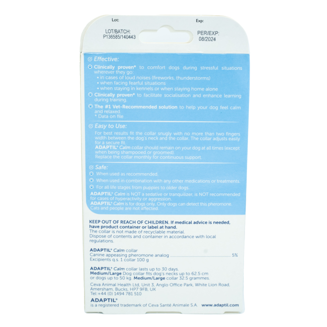 Adaptil Calming Dog Collar back of packaging with helpful information