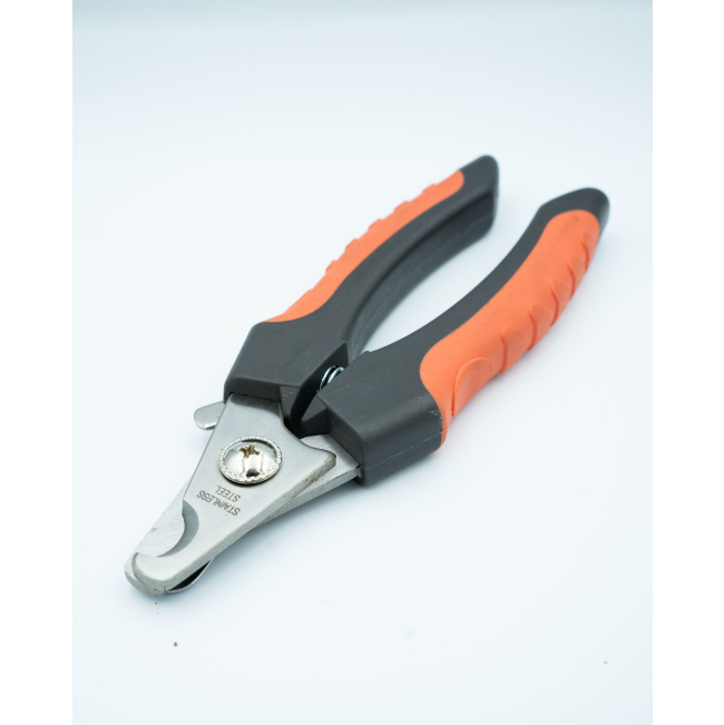 Nail Clipper For Dogs and Cats view from front side with metal tip, black handles with red rubber accent