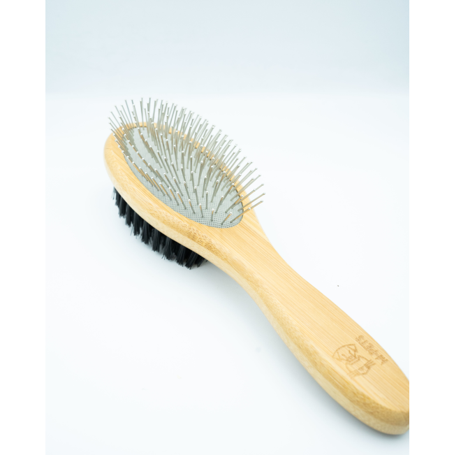 Bamboo Double-Sided Pin Brush with metal pins and soft bristles, bamboo handle