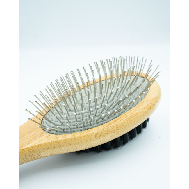 Bamboo Double-Sided Pin Brush close up of metal pins