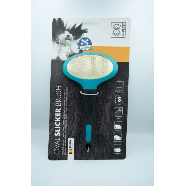 Oval Slicker Brush For Dogs in packaging blue design with black handle