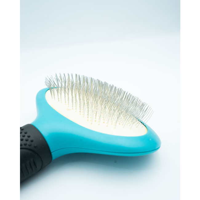 Oval Slicker Brush For Dogs close up of slicker pins on plastic brush