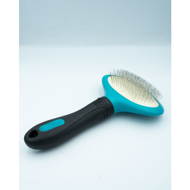 Oval Slicker Brush For Dogs side profile black handle with blue accents