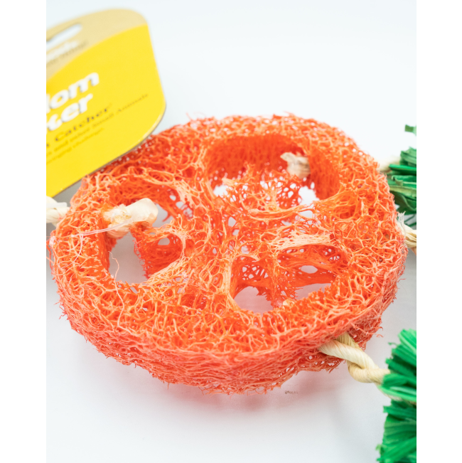 Carrot Dreamcatcher Small Pet Toy close up of orange loufa center piece