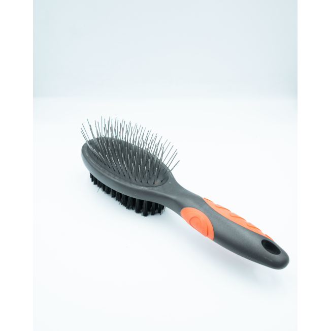 Double Sided Grooming Brush for Dogs full view with black design and red rubber handle