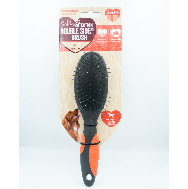 Double Sided Grooming Brush for Dogs in packaging with black design and red rubber handles