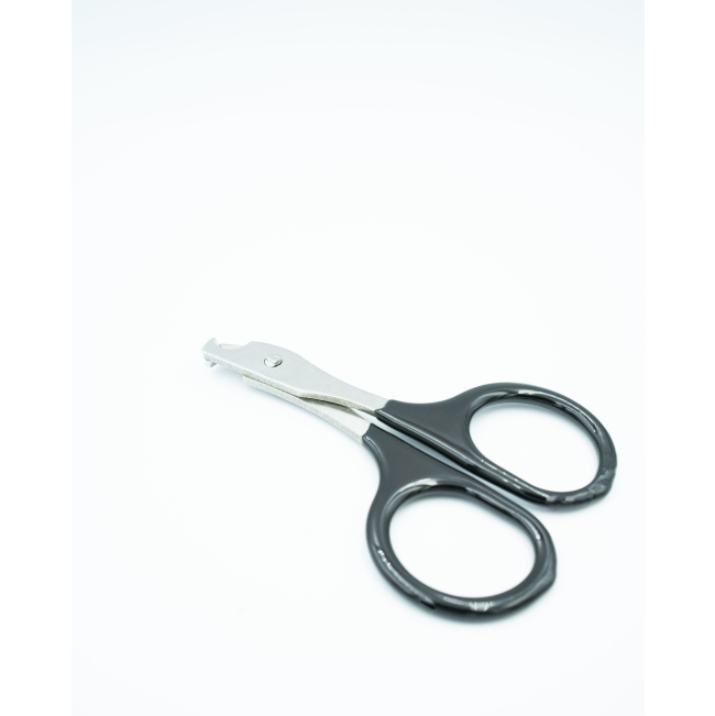 Cat Nail Clipper close up of black handle with metal sharp scissors