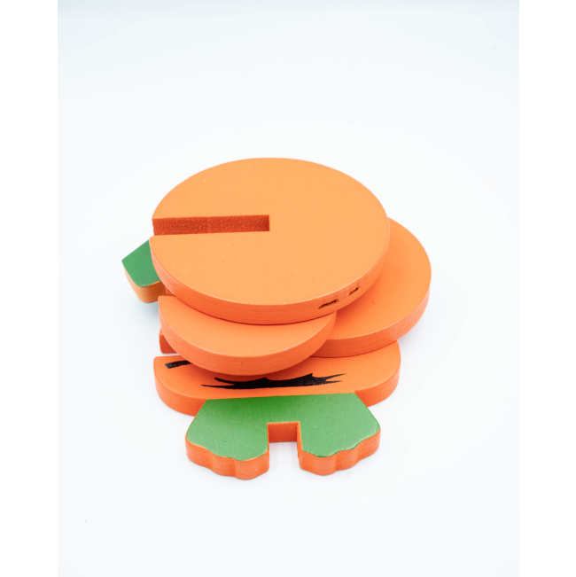 Woodies 3D Carrot Toy For Small Pets disassembled, orange wooden pieces