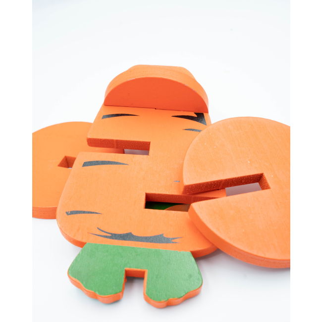 Woodies 3D Carrot Toy For Small Pets close up orange wooden pieces