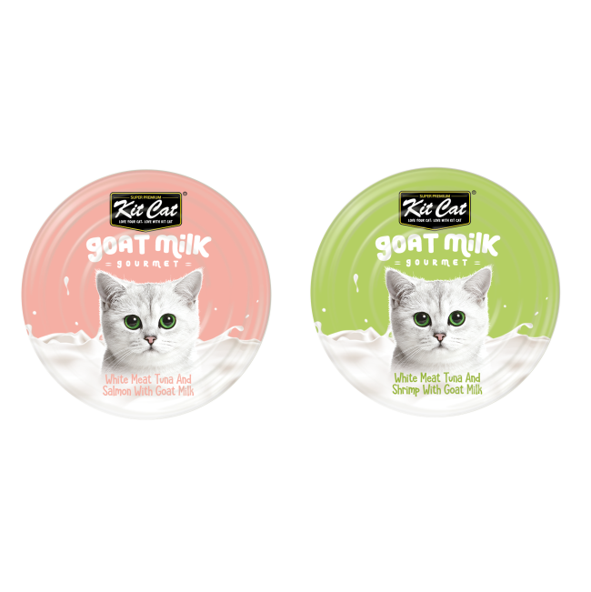 Kit Cat Wet Cat Food Tuna In Goat’s Milk salmon and shrimp flavor green and pink containers