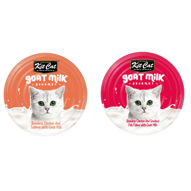 Kit Cat Wet Cat Food Chicken In Goat’s Milk orange and pink packaging