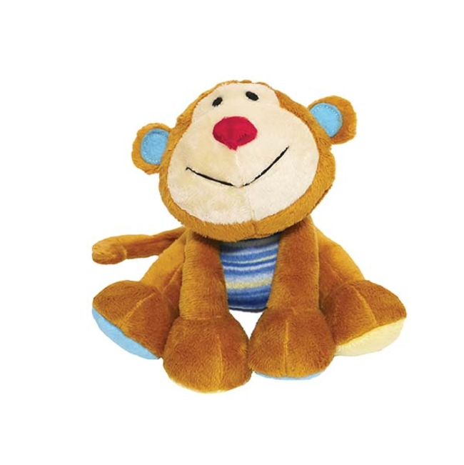 Marvin Monkey Plush Dog Toy brown and white with blue accents