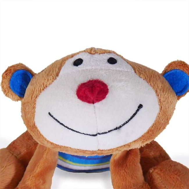 Marvin Monkey Plush Dog Toy close up of face with red and clack accents