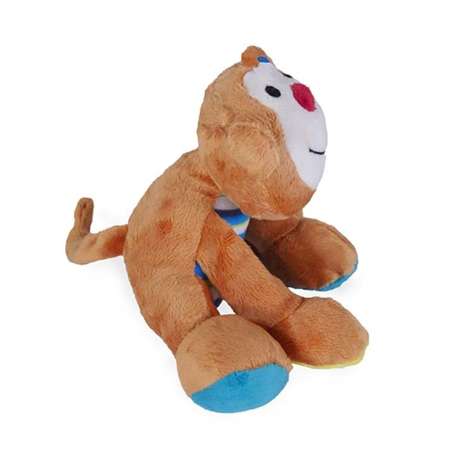 Marvin Monkey Plush Dog Toy side view, brown and blue colors