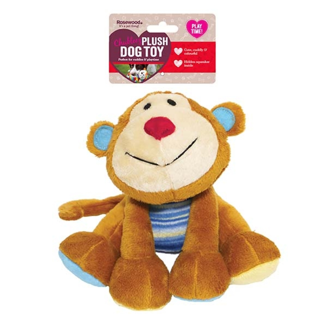 Marvin Monkey Plush Dog Toy in packaging with blue and brown colors