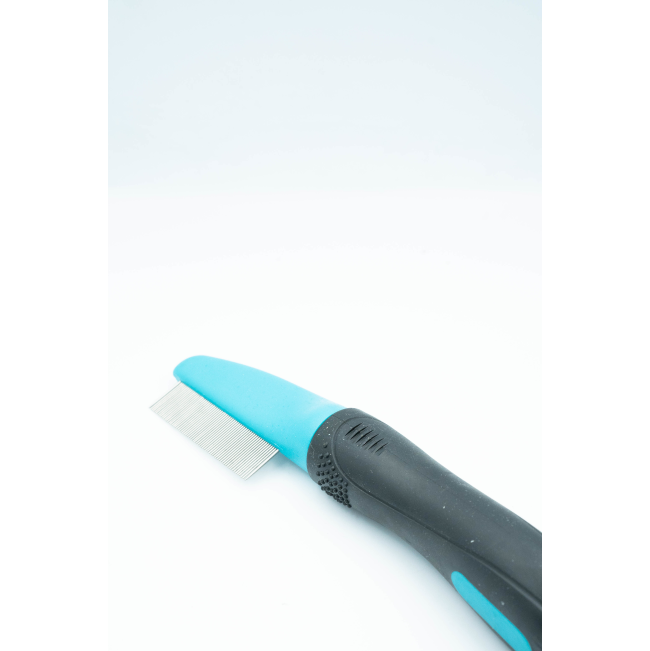 Pet Flea Comb black handle with blue comb and metal teeth section
