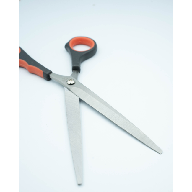 Grooming Scissors For Dogs opened with blades spread apart, black and red handle