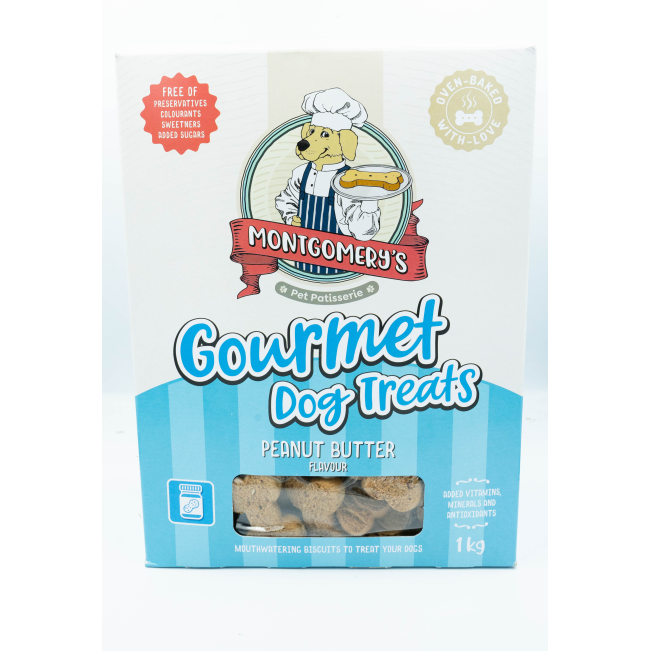 Montgomery’s Peanut Butter Dog Biscuits carton box with light blue colors