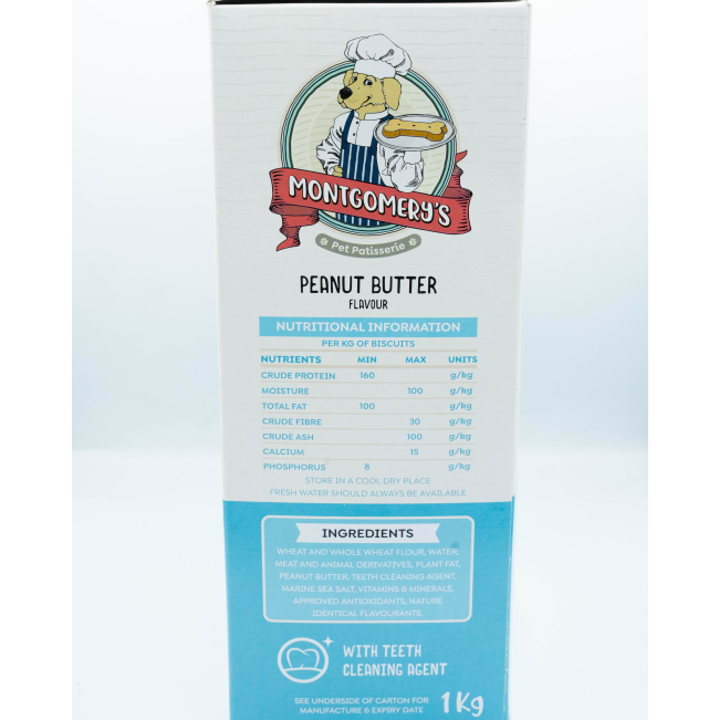 Montgomery’s Peanut Butter Dog Biscuits side of box with ingredients