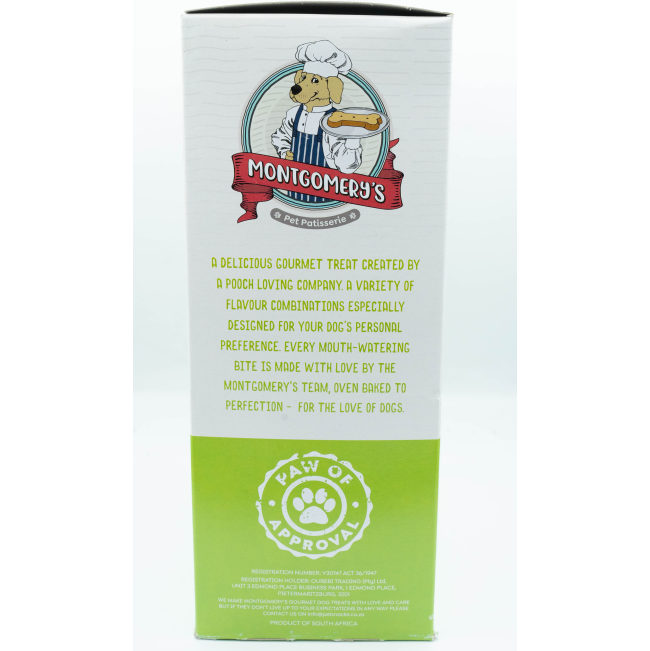 Montgomery’s Mango and Orange Dog Biscuits side of box with story