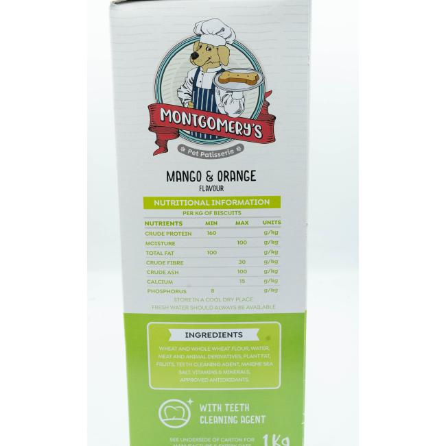 Montgomery’s Mango and Orange Dog Biscuits side of box with ingredient list