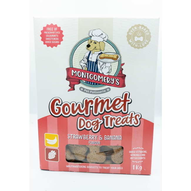Montgomery’s Strawberry and Banana Dog Biscuits carton packaging with red colors
