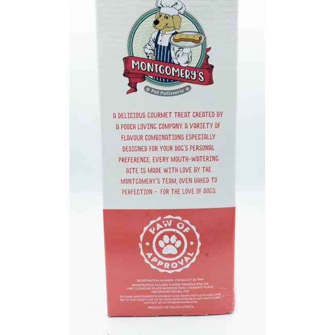 Montgomery’s Strawberry and Banana Dog Biscuits side of box with information story