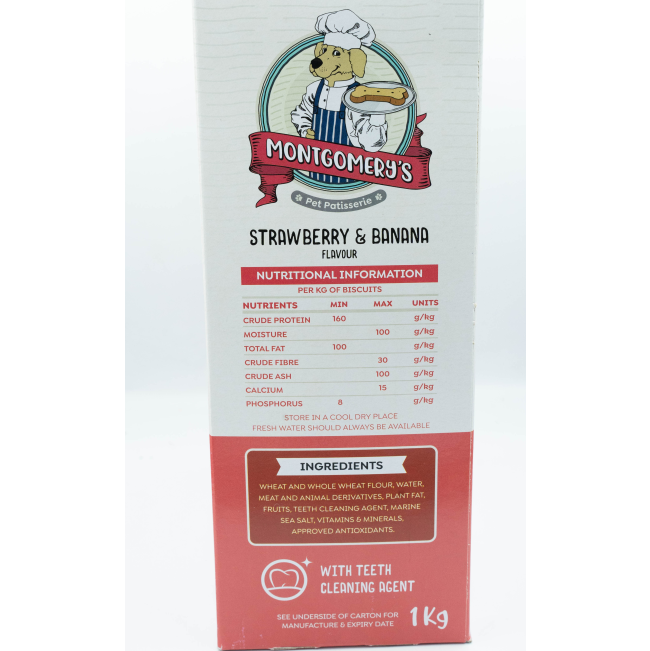 Montgomery’s Strawberry and Banana Dog Biscuits side of box with ingredients