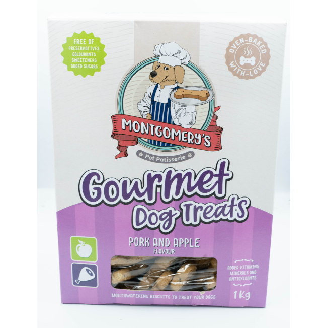 Montgomery’s Pork and Apple Dog Biscuits carton packaging with purple colors