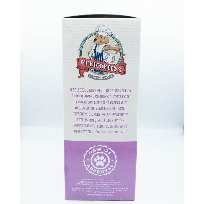 Montgomery’s Pork and Apple Dog Biscuits side of box with information story