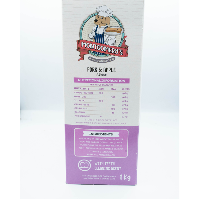 Montgomery’s Pork and Apple Dog Biscuits side of box with ingredients