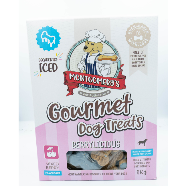 Montgomery’s Berrylicious Iced Dog Biscuits carton packaging with light pink colors