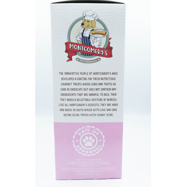 Montgomery’s Berrylicious Iced Dog Biscuits side of packaging with information story
