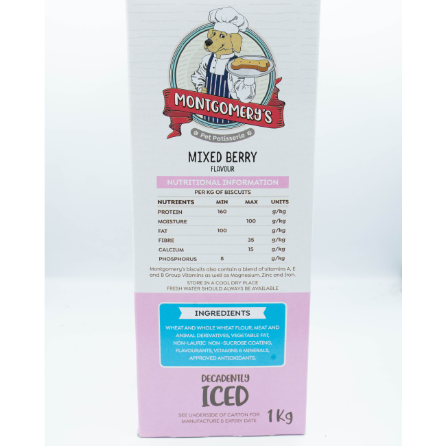 Montgomery’s Berrylicious Iced Dog Biscuits side of box with ingredients