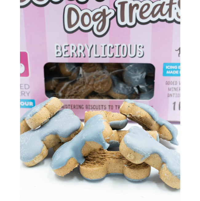 Montgomery’s Berrylicious Iced Dog Biscuits actual brown biscuits with purple icing
